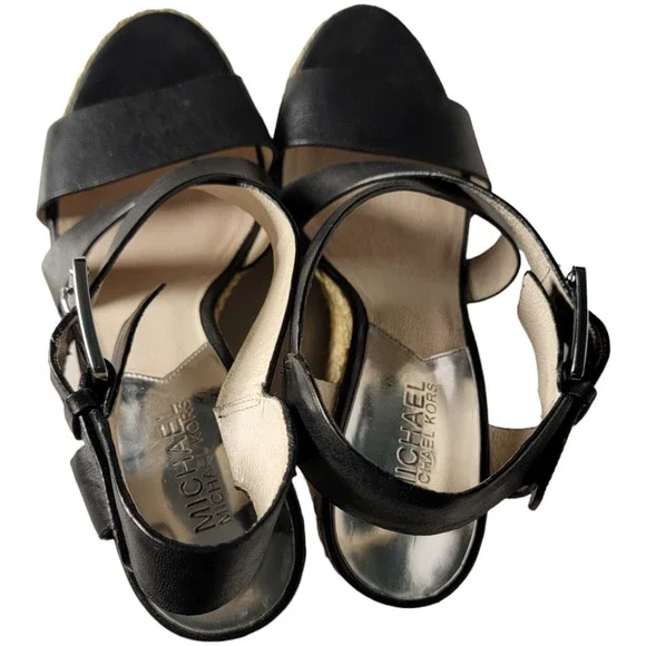Michael Kors Giovanna Black Leather Espadrille Wedge Sandals  Size 7 - Picture 4 of 5